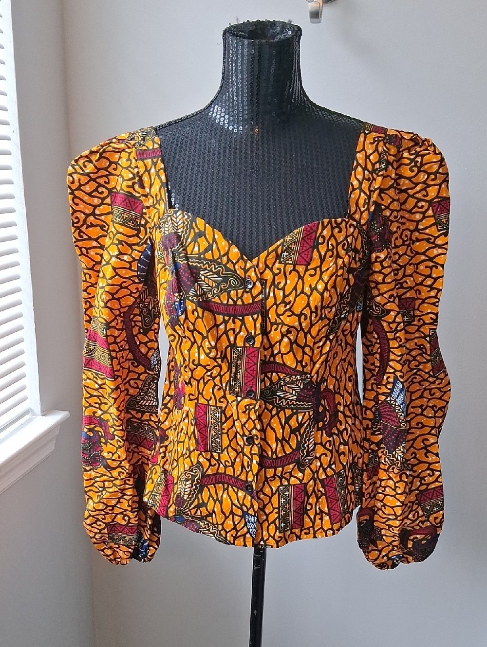 Women's Orange African-Print Puff Sleeve Sweetheart Blouse